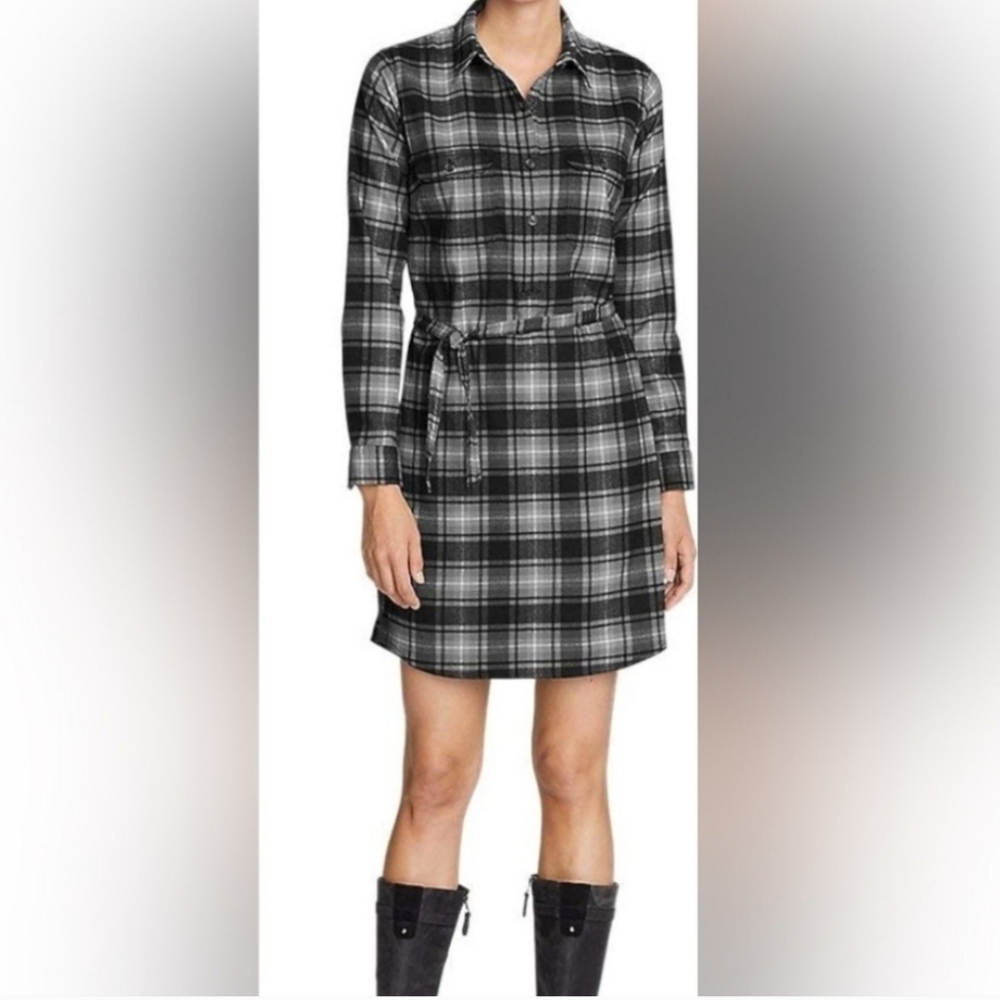 Eddie Bauer Midi Plaid Polyester Black And White Dress Long Sleeve Pockets 12